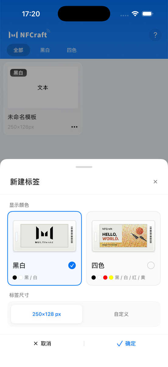 NFCraft iOS 新建标签弹窗:选择黑白或四色显示,再选择标签尺寸并确认
